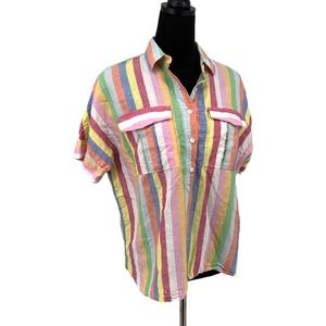 J.Crew Colorful Linen Stripe Button Front Short Sleeve Blouse Size 6